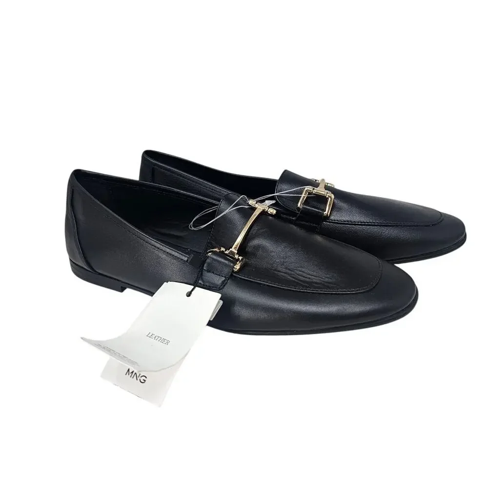 NEW Mango 40 Black Leather Loafer Flat Gold Horsebit Academia Minimalist Classic